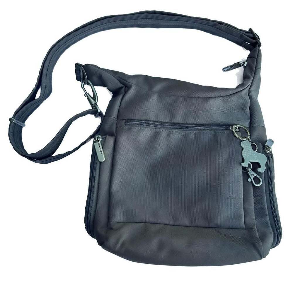Travelon Anti-Theft Classic Messenger Bag Charcoal Grey Pink Interior